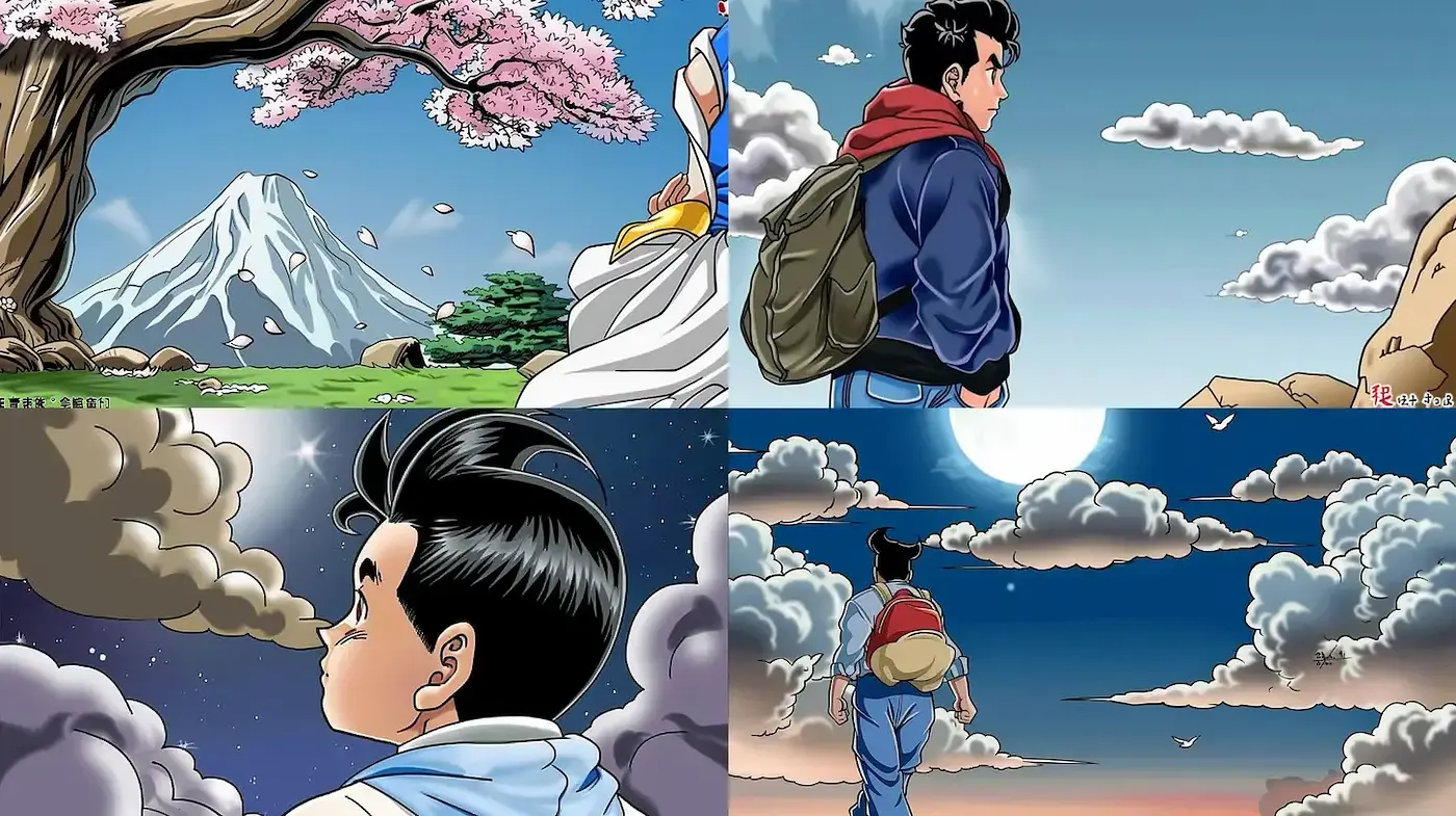 Dynamic blend of serene landscapes and expressive characters in a vibrant anime style - Midjourney sref style