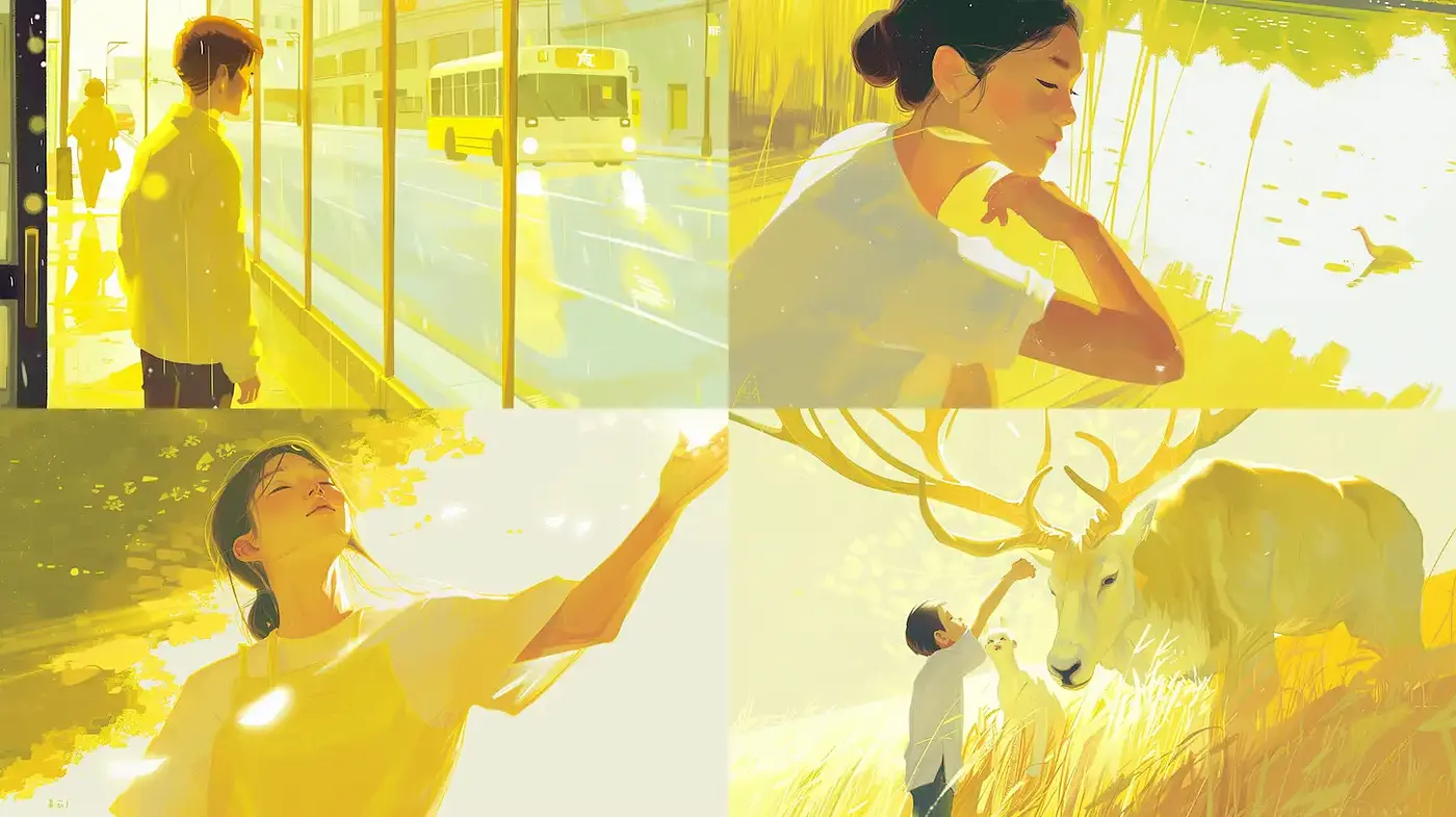 A Harmonious Exploration of Light and Emotion Through Ethereal Yellow Tones - Midjourney sref style