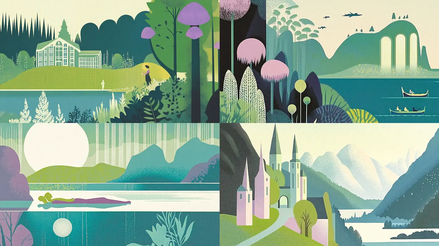 Serene Vintage-Inspired Pastoral Scenes with Stylized Illustration Techniques - Midjourney sref style