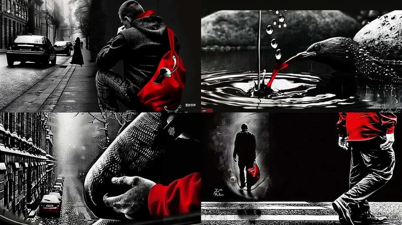 Dramatic monochrome imagery with striking red accents - Midjourney sref style