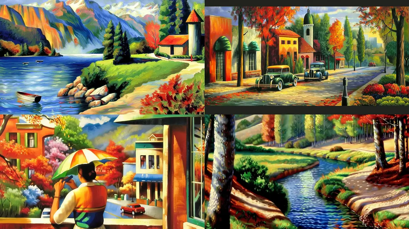 Idyllic Nature and Quaint Townscapes in Vivid Impasto - Midjourney sref style