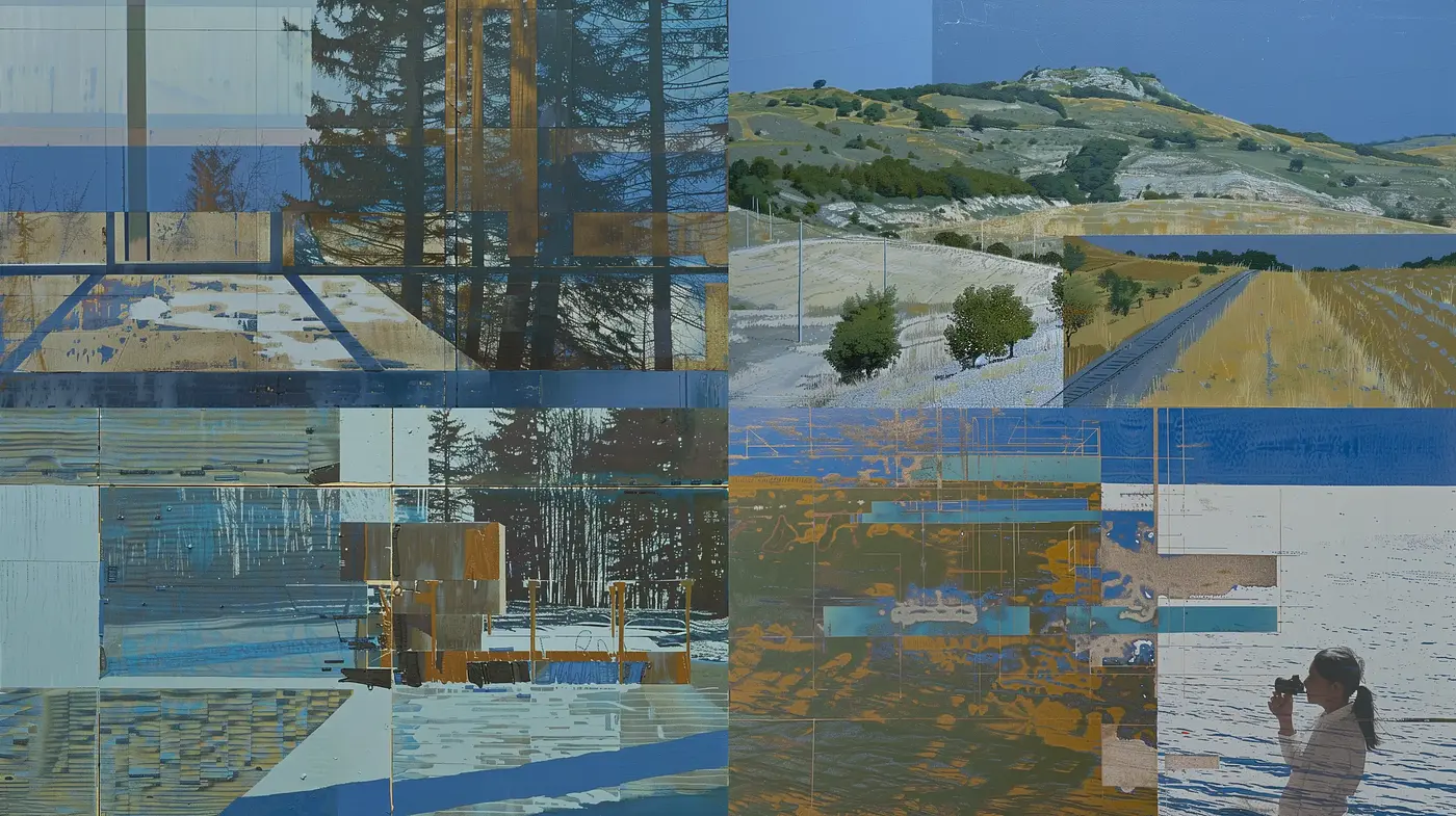 Fragmented Serenity: A Mosaic of Tranquil Landscapes and Glitched Visions - Midjourney sref style