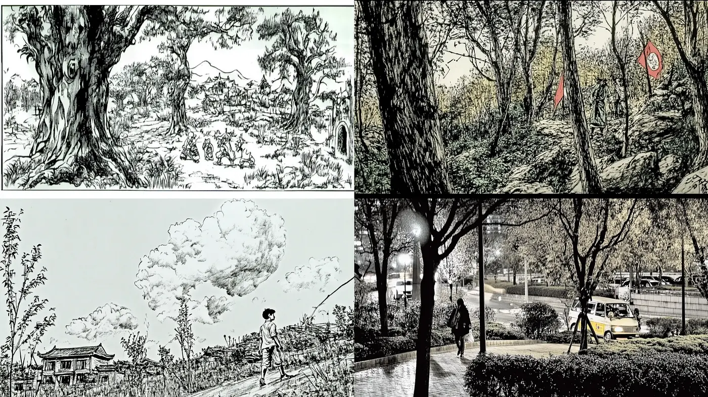 Pen-and-Ink Nature Sketches with Monochrome Hues and Cross-hatching Textures - Midjourney sref style