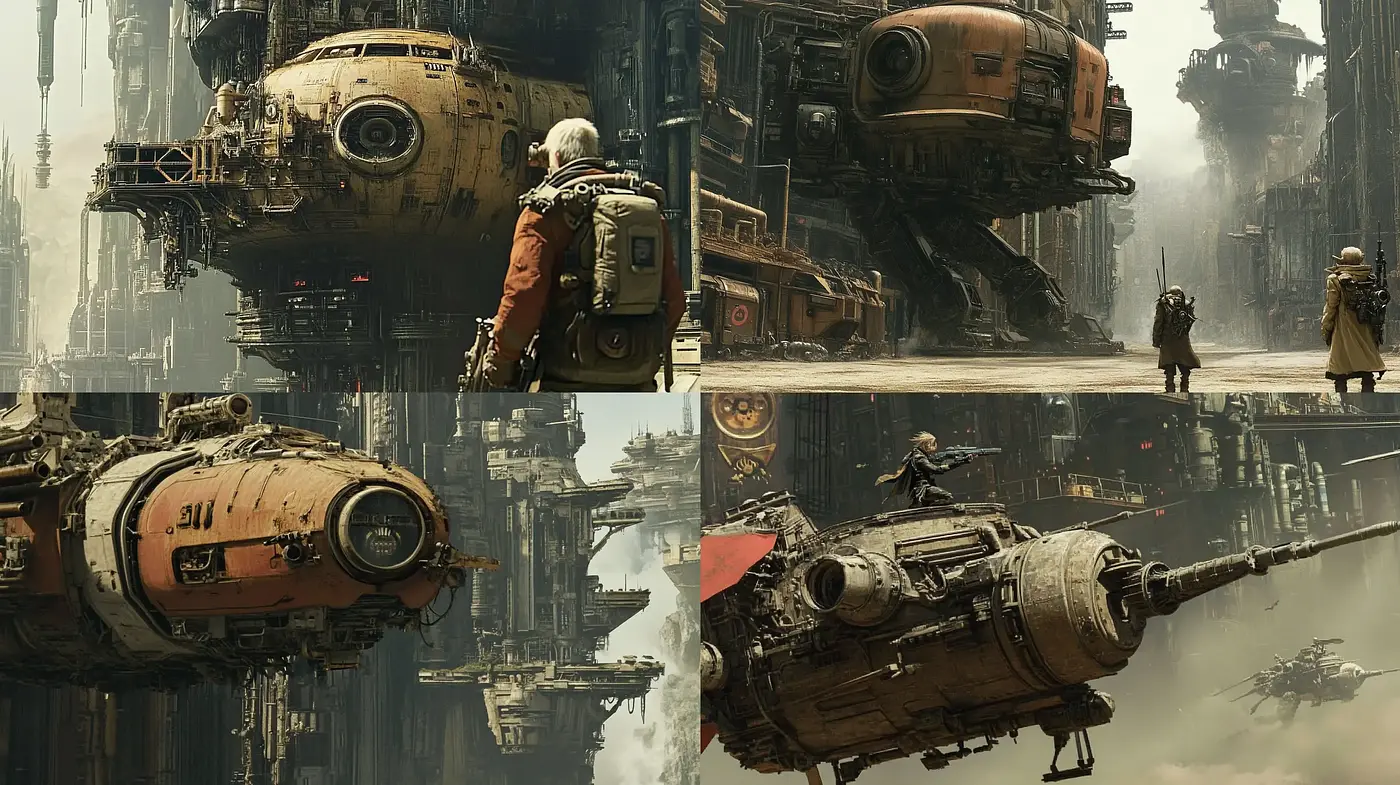 Dystopian Industrial Horizons: A Homogeneous Blend of Rust and Decay - Midjourney sref style