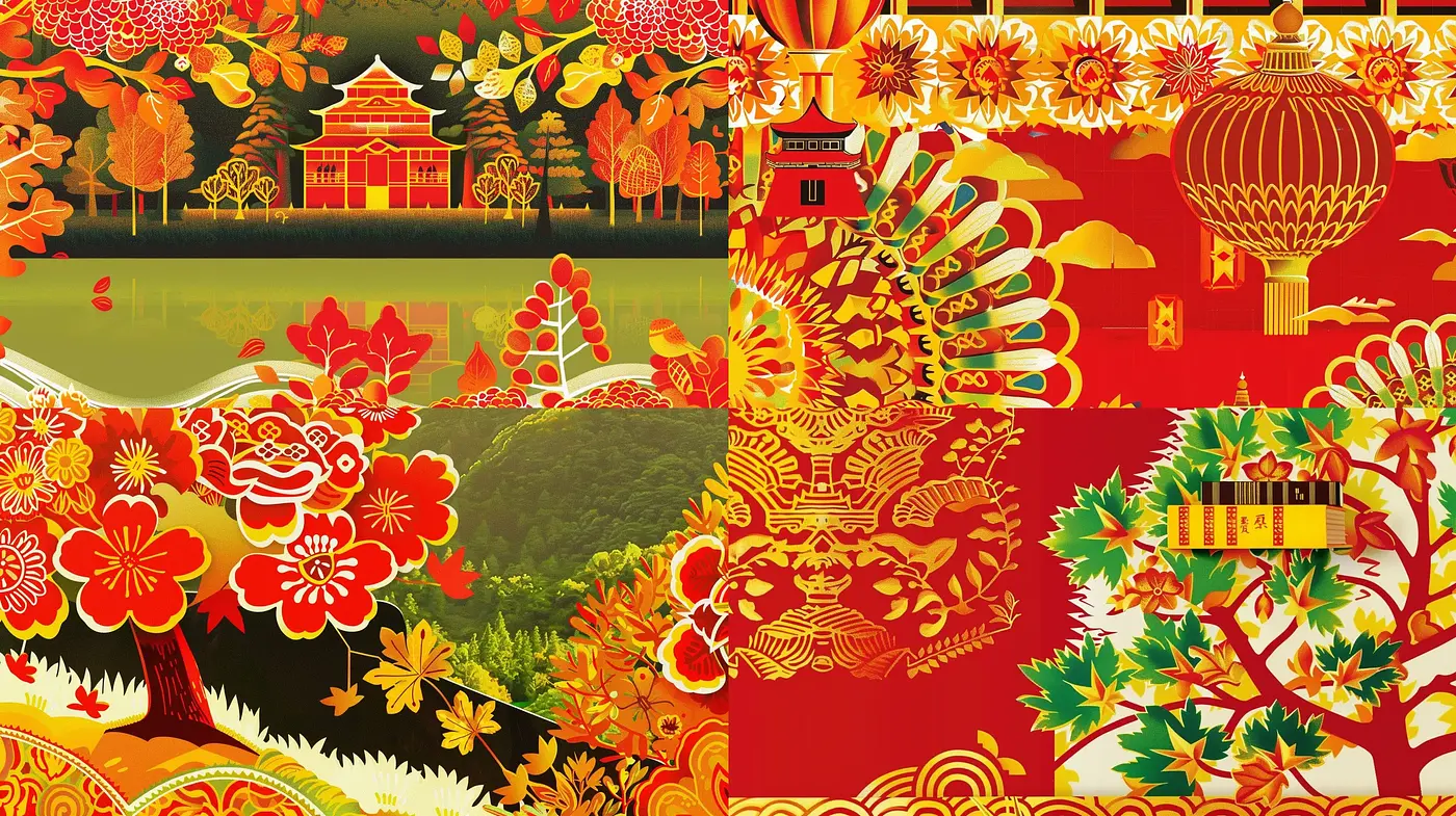 Vibrant Tapestry of Cultural Flourish in Red and Gold Hues - Midjourney sref style