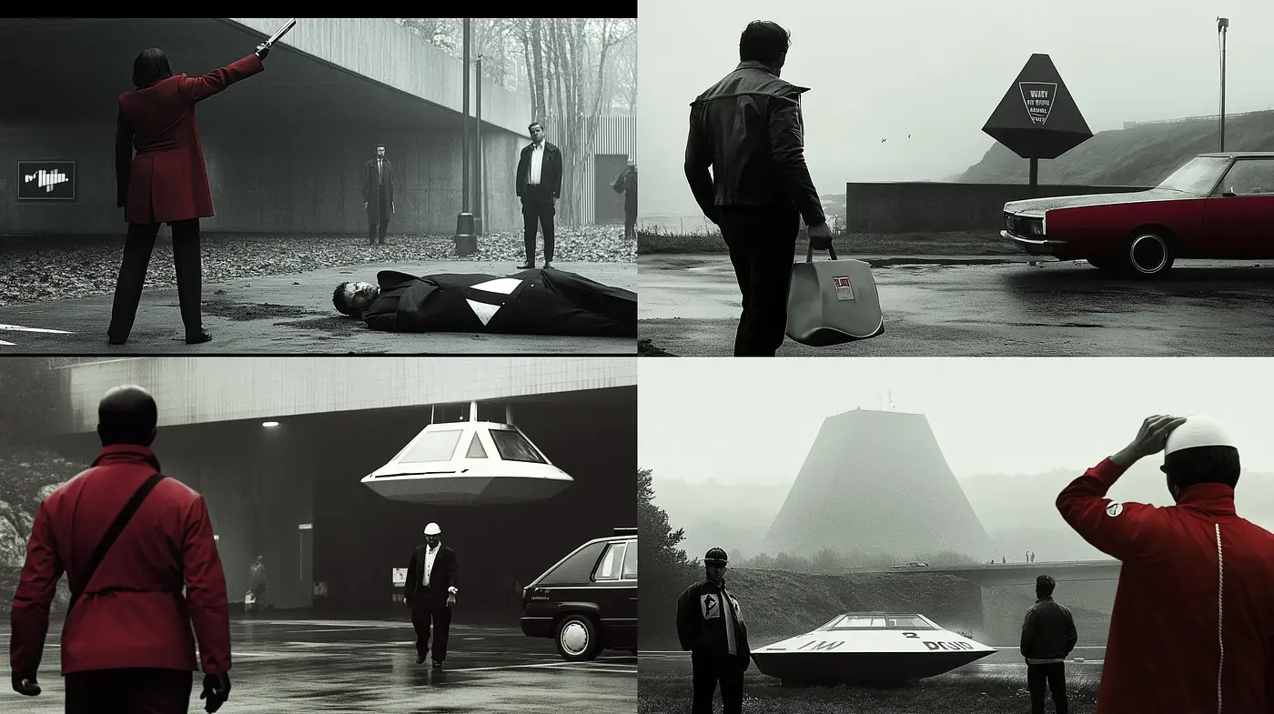 Noir-Inspired Cinematic Tableaux with Surreal Overtones - Midjourney sref style