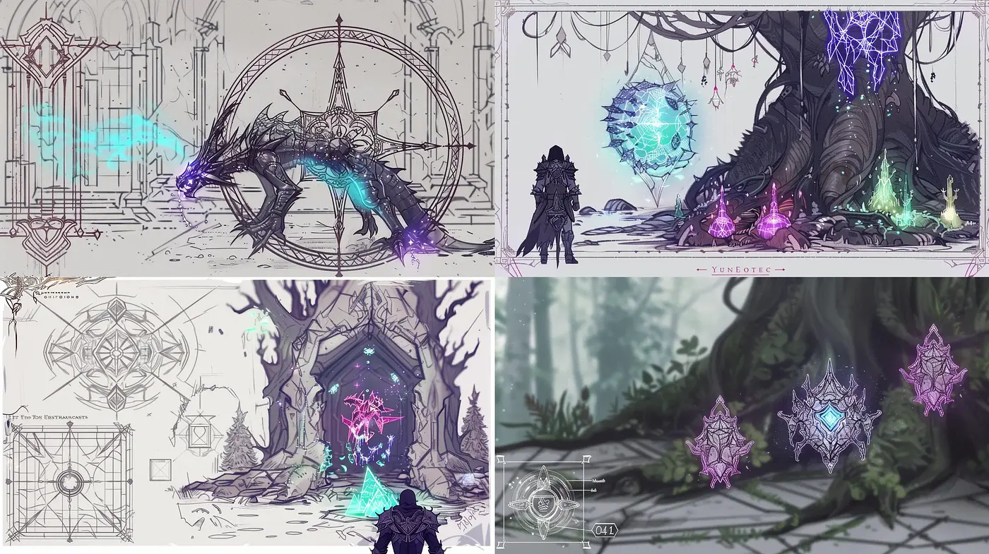 Enigmatic Arcane Sketches with Ethereal Hues and Geometric Intricacies - Midjourney sref style