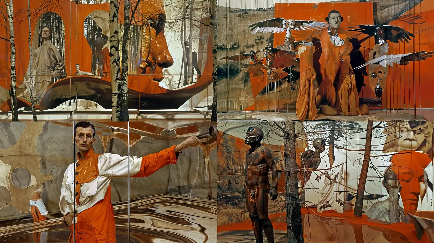 Dystopian Surrealism in Burnt Sienna: A Fusion of Artistic Disorder and Elegance - Midjourney sref style