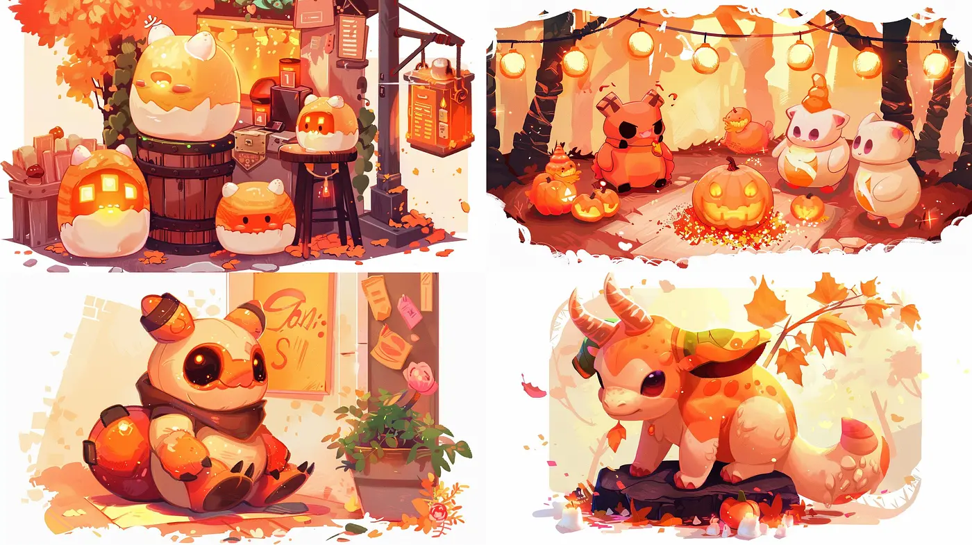 Autumnal Whimsy: A Seamless Fusion of Warm Hues and Charming Fantasy Creatures - Midjourney sref style