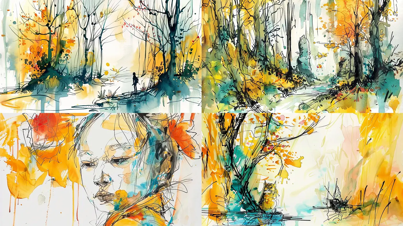 Vibrant Brushwork and Splattered Harmony: A Fusion of Abstract Expressionism and Watercolor Whimsy - Midjourney sref style