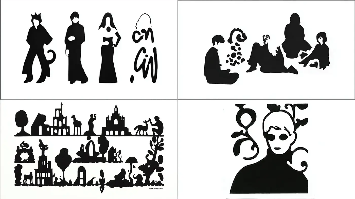 Stylized Black and White Silhouettes with Organic Elements - Midjourney sref style
