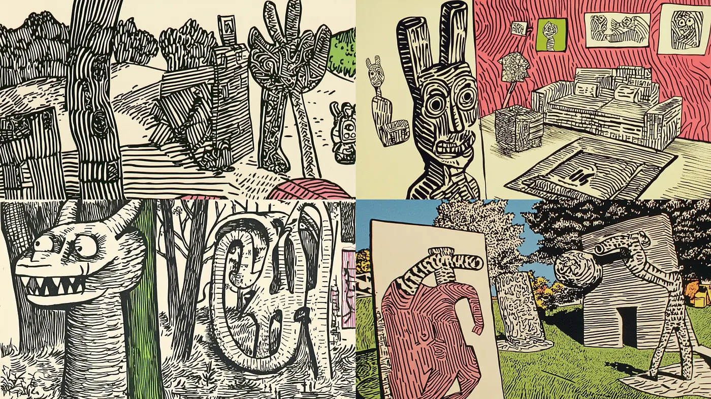 Whimsical Inked Environments: A Fusion of Surrealism and Comic Art - Midjourney sref style