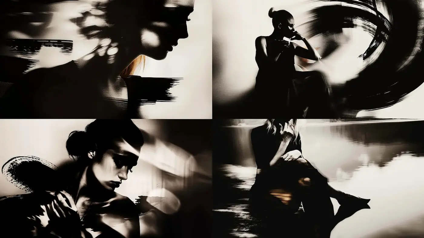 Dynamic and Ethereal Monochromatic Portraiture with Organic Textures - Midjourney sref style