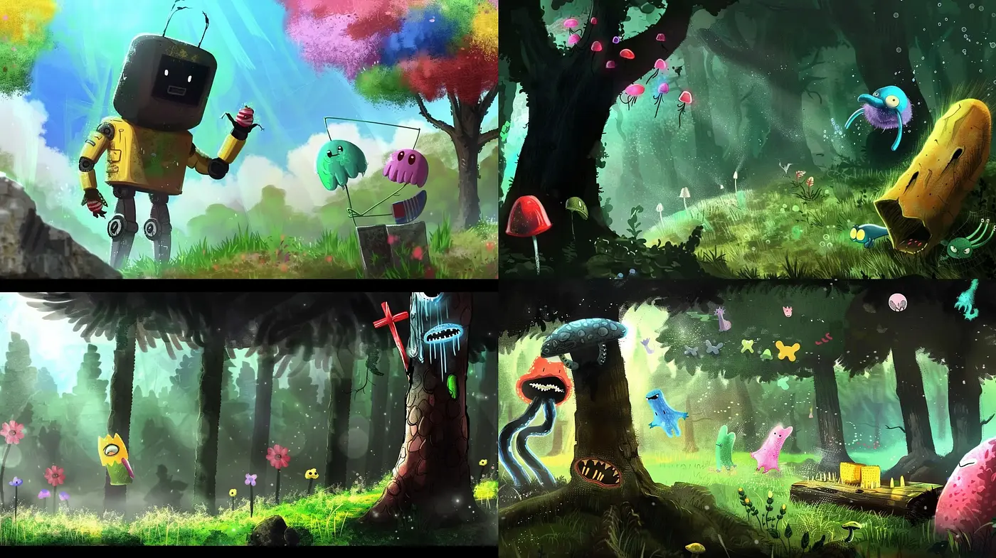Enchanted Robotic Woodland: A Symphonic Interplay of Nature and Technology - Midjourney sref style