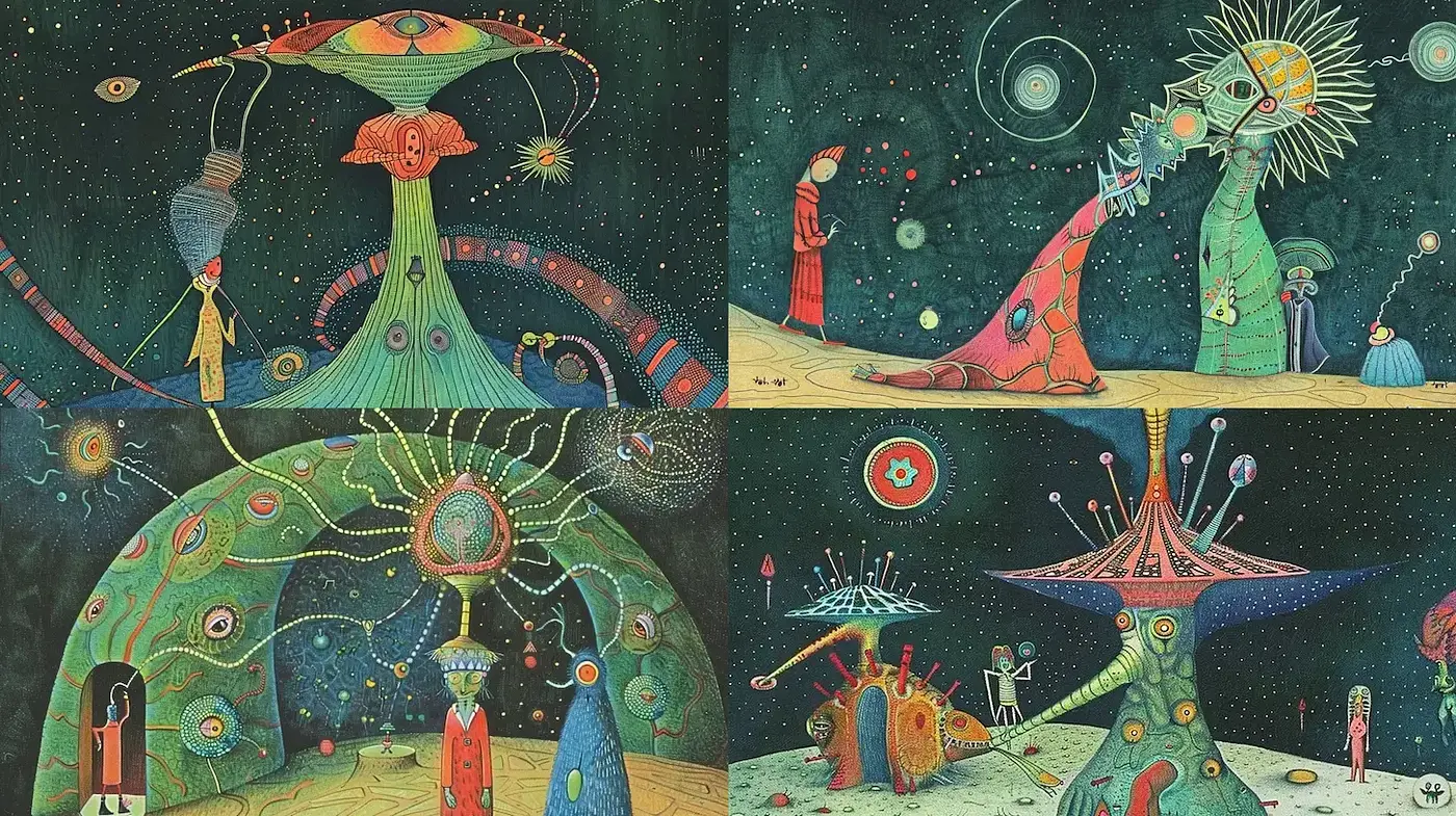 Whimsical Surrealism with a Cosmic Twist - Midjourney sref style