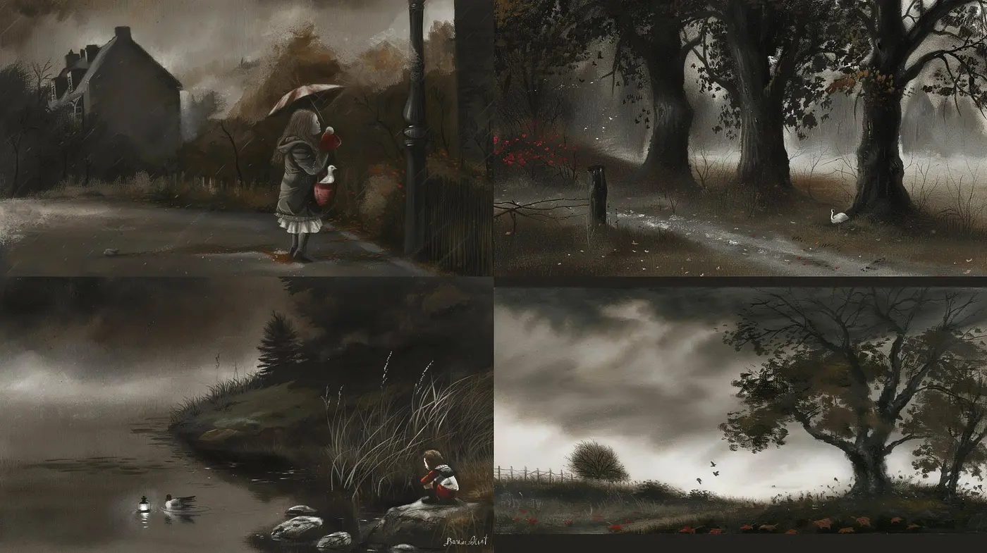 Misty Monochromatic Landscapes with Crimson Accents - Midjourney sref style