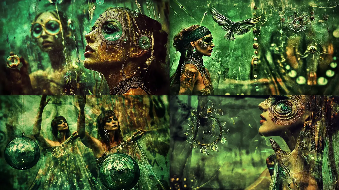 Surreal Emerald Dreamscape: A Textured Fusion of Myth and Mechanism - Midjourney sref style