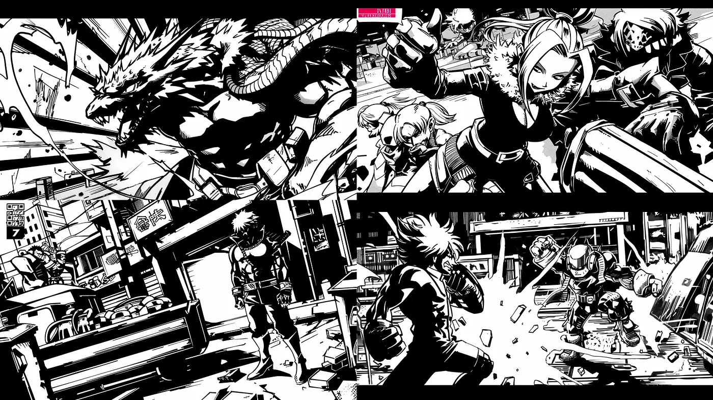 Vibrant Monochrome Manga-Inspired Visuals - Midjourney sref style