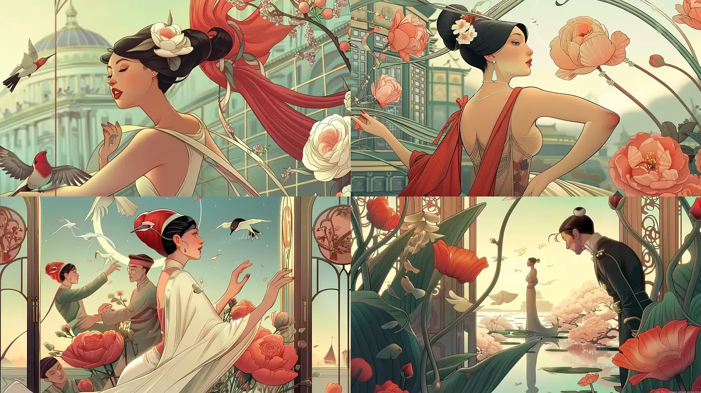 Elegant Art Nouveau Reverie with Florid Botanical Motifs - Midjourney sref style
