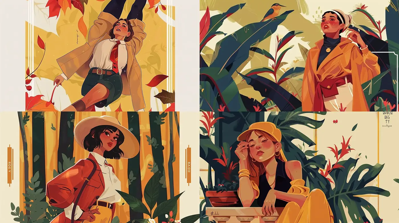 Harmonious Autumnal Illustrations with Evocative Warm Tones and Stylized Figures - Midjourney sref style