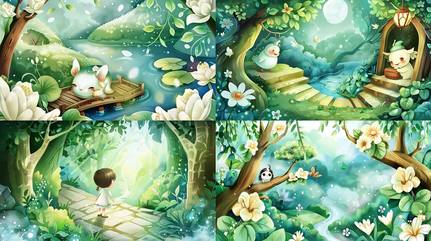 Enchanted Whimsy: A Pastoral Dream in Lush Greens and Soft Illumination - Midjourney sref style