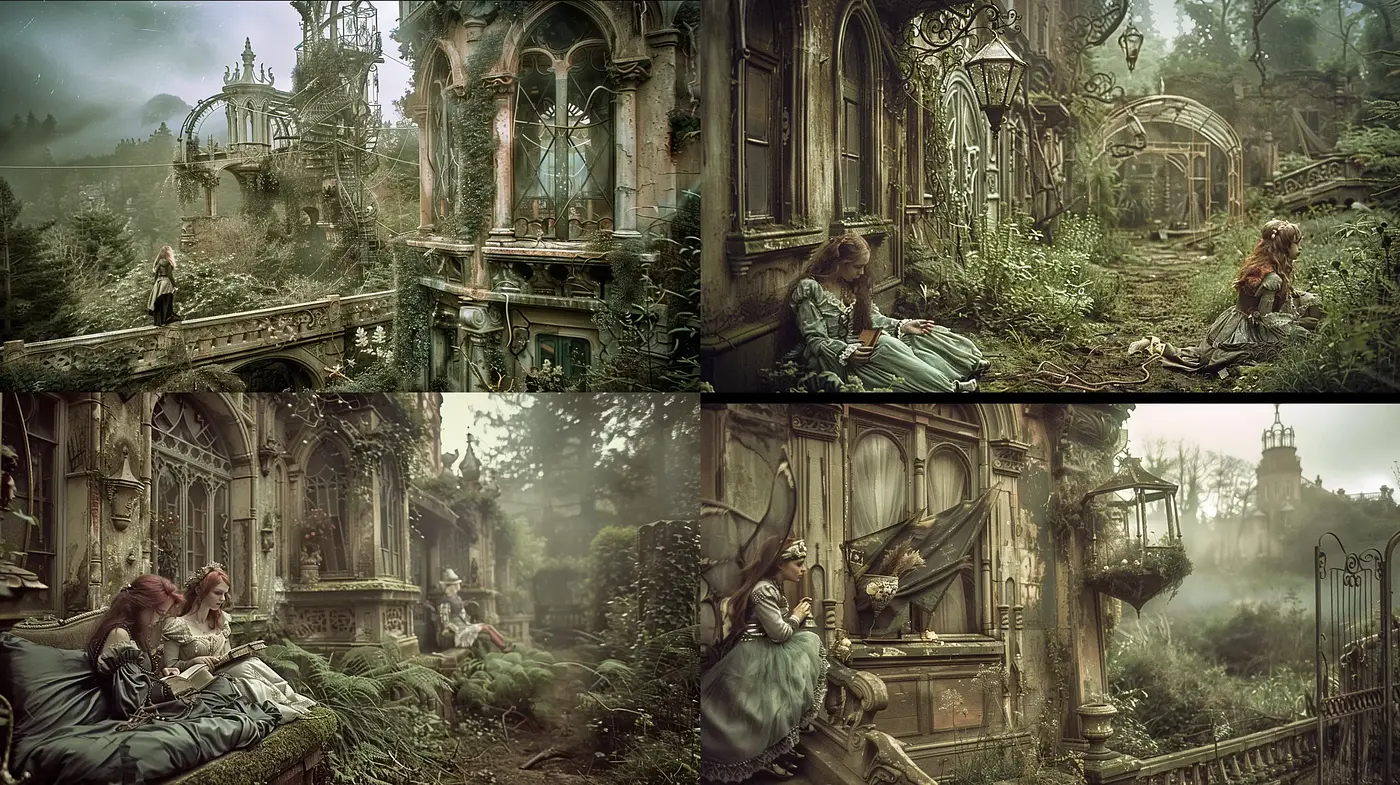 Ethereal Decrepitude: A Consistent Fusion of Overgrown Ruins and Nostalgic Solitude - Midjourney sref style