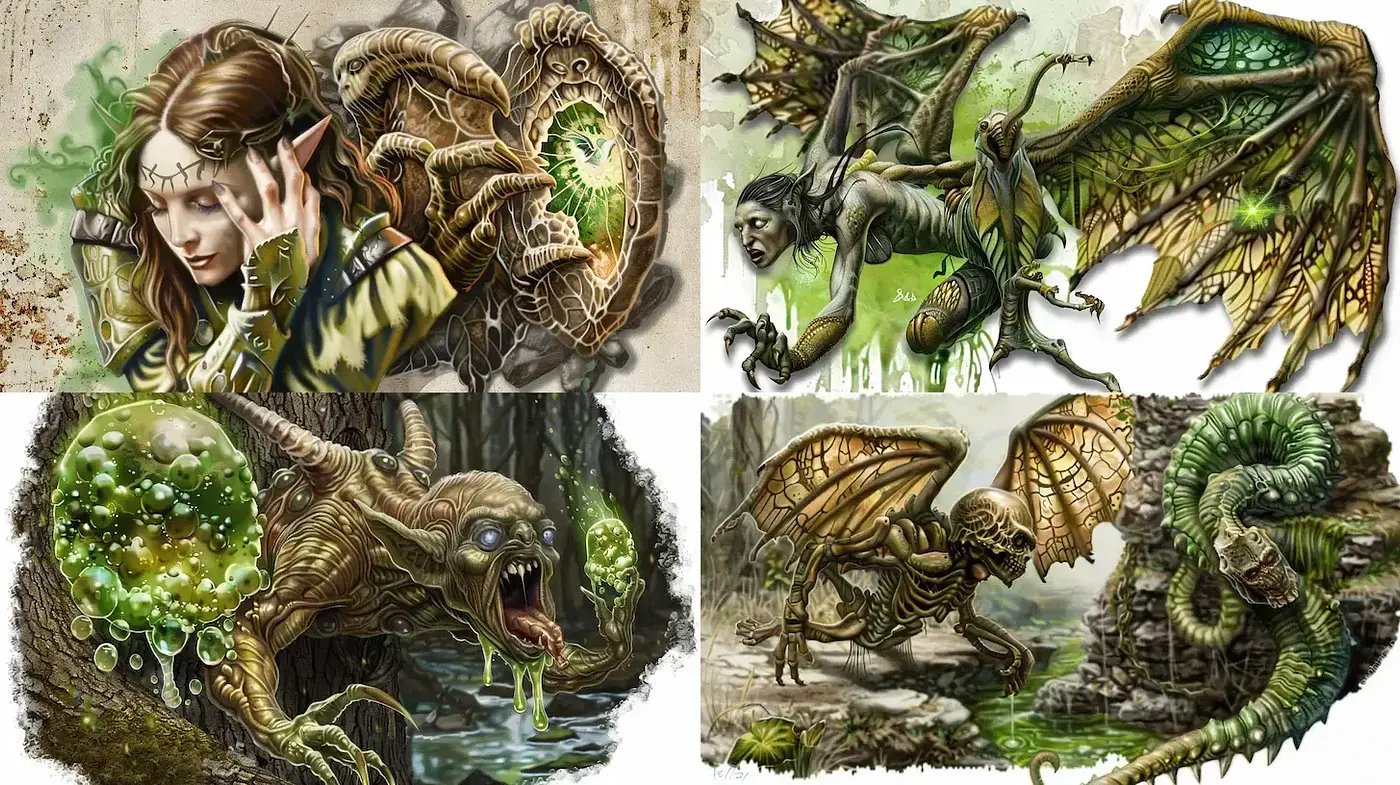 Fantasy Illustrations of Creatures and Characters Infused with Dark Elements - Midjourney sref style