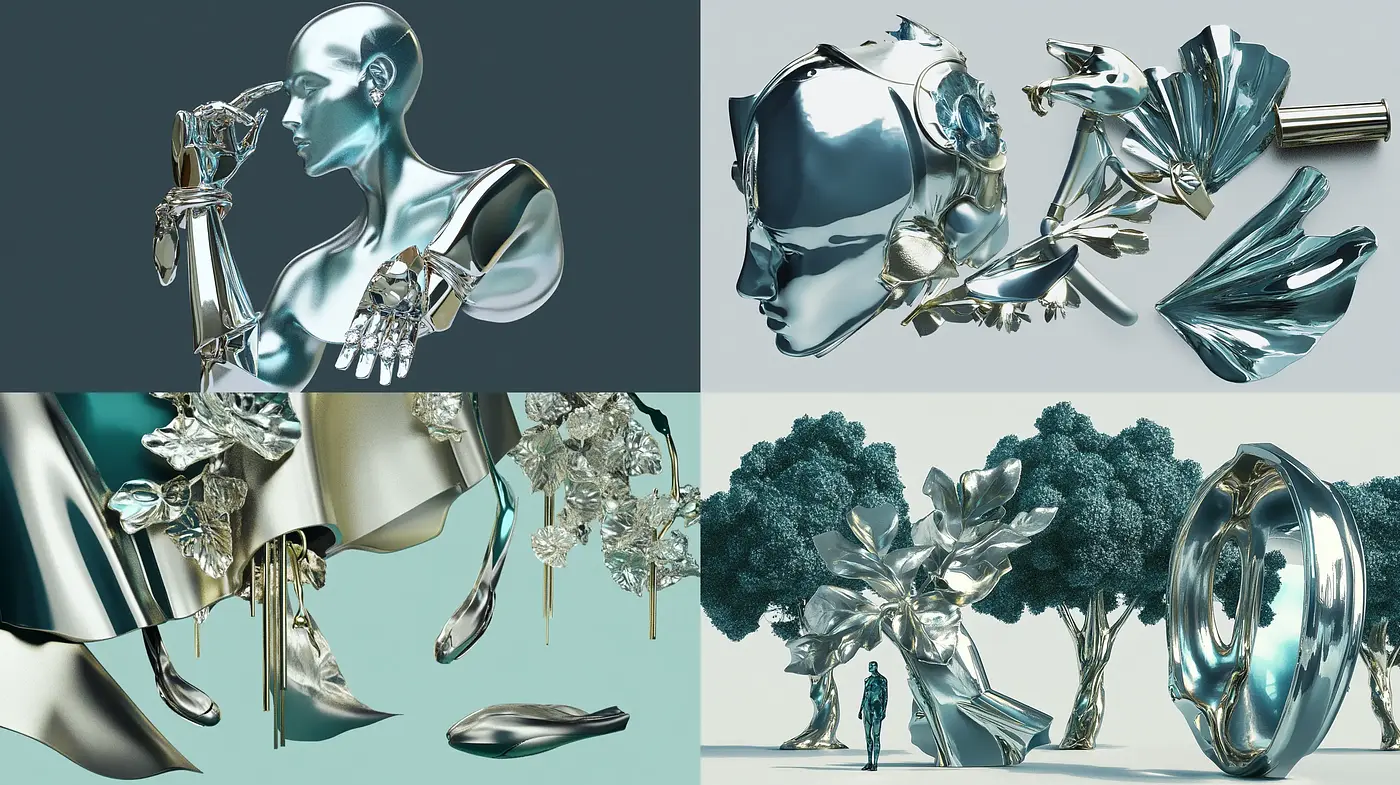 Metallic Elegance in Serene Blues - Midjourney sref style