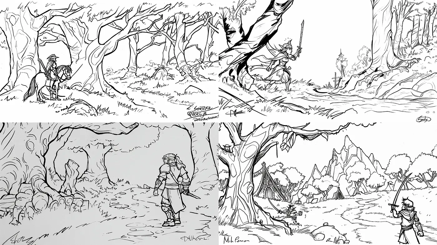 Monochromatic Ink Sketches of Enchanted Forest Scenes - Midjourney sref style