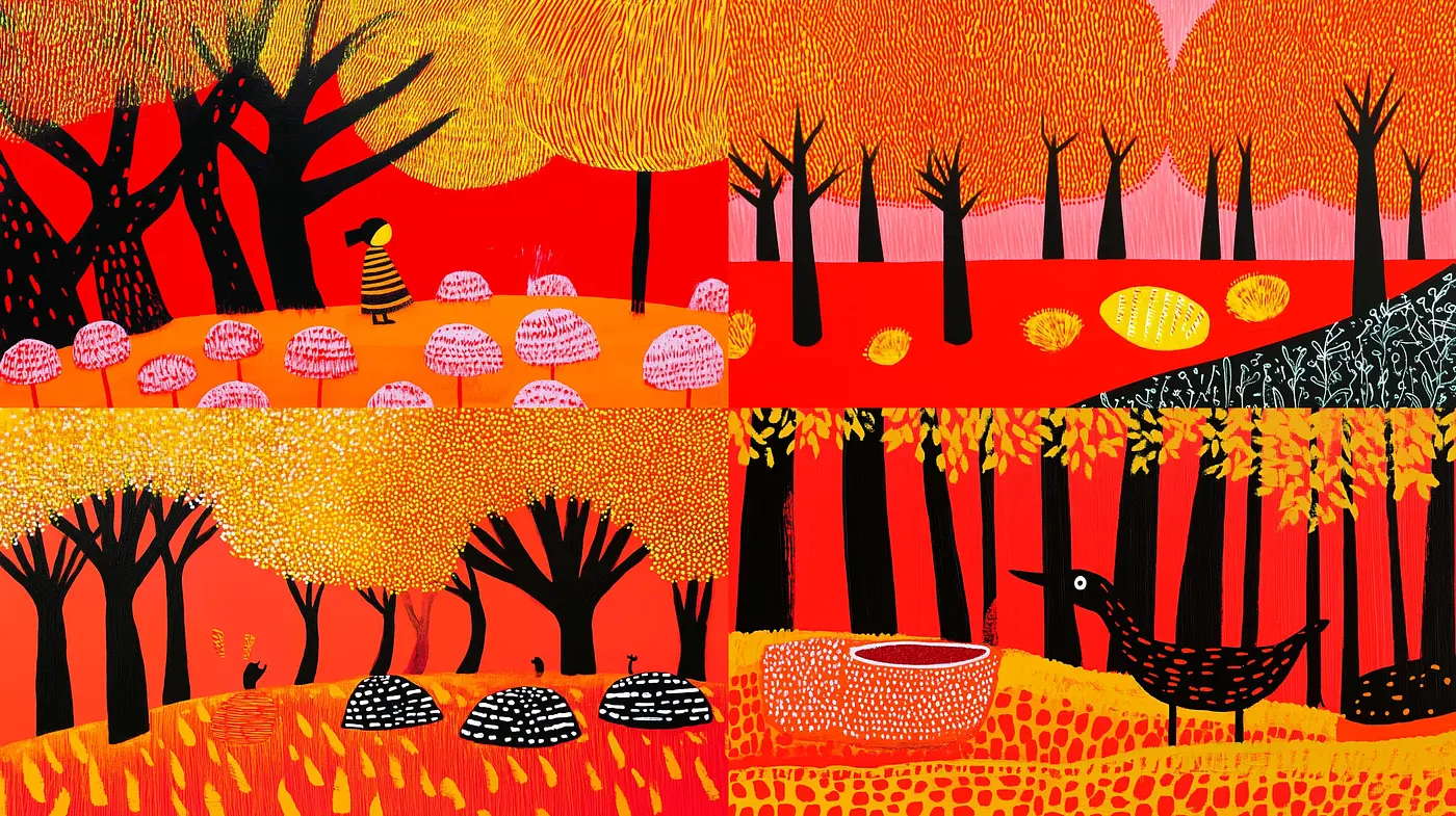 Vibrant Storybook Harmony: A Tapestry of Vivid Hues and Whimsical Patterns - Midjourney sref style