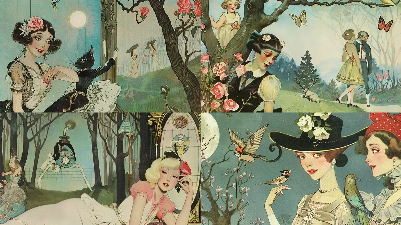 Ethereal Vintage Elegance with Whimsical Art Nouveau Influences - Midjourney sref style
