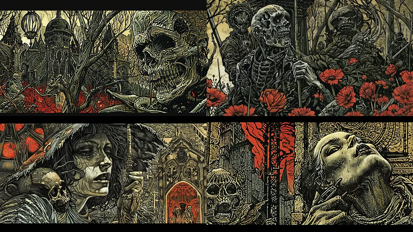 Gothic Macabre: A Darkly Enigmatic Artistic Ode to the Grotesque - Midjourney sref style