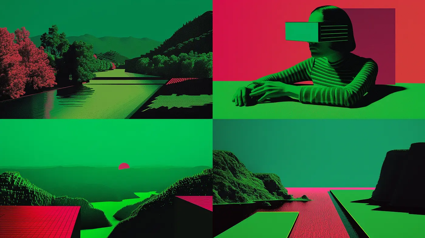 Stylized Dichromatic Dreamscape with Surrealist Overtones - Midjourney sref style