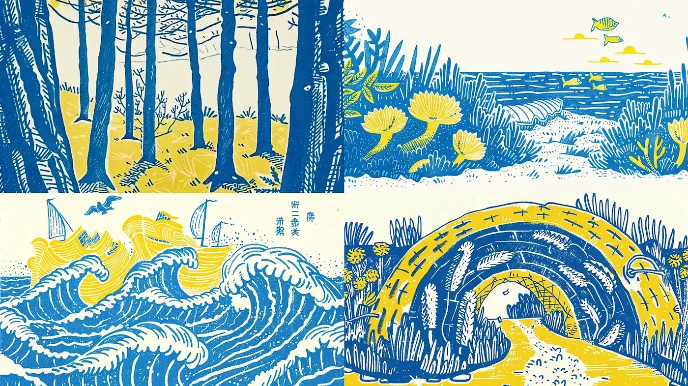 Azure and Ochre Woodcut Aesthetic with Whimsical Energy - Midjourney sref style