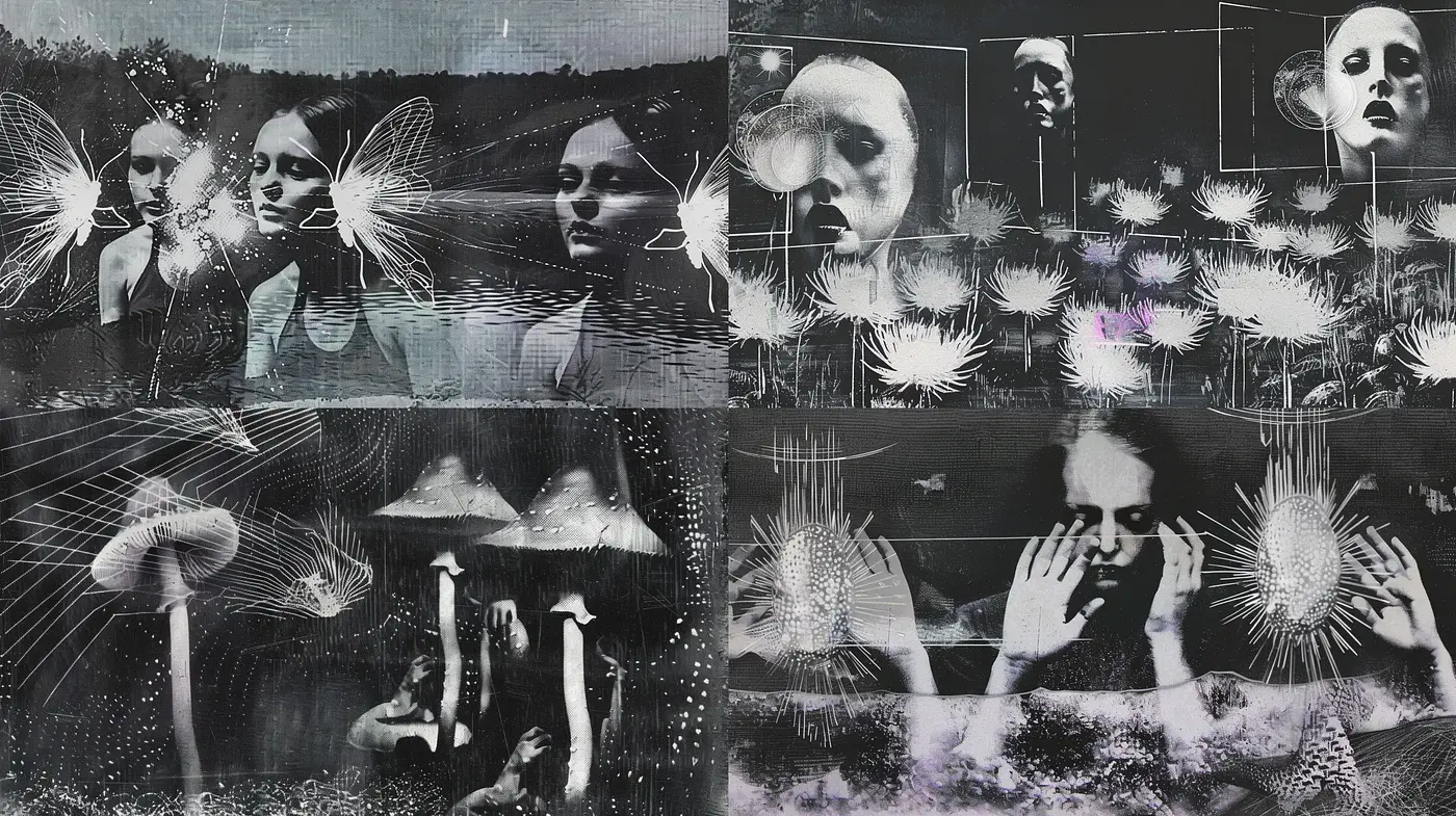 Whimsical Nocturne: Surreal Monochromatic Dreamscape Fusion - Midjourney sref style