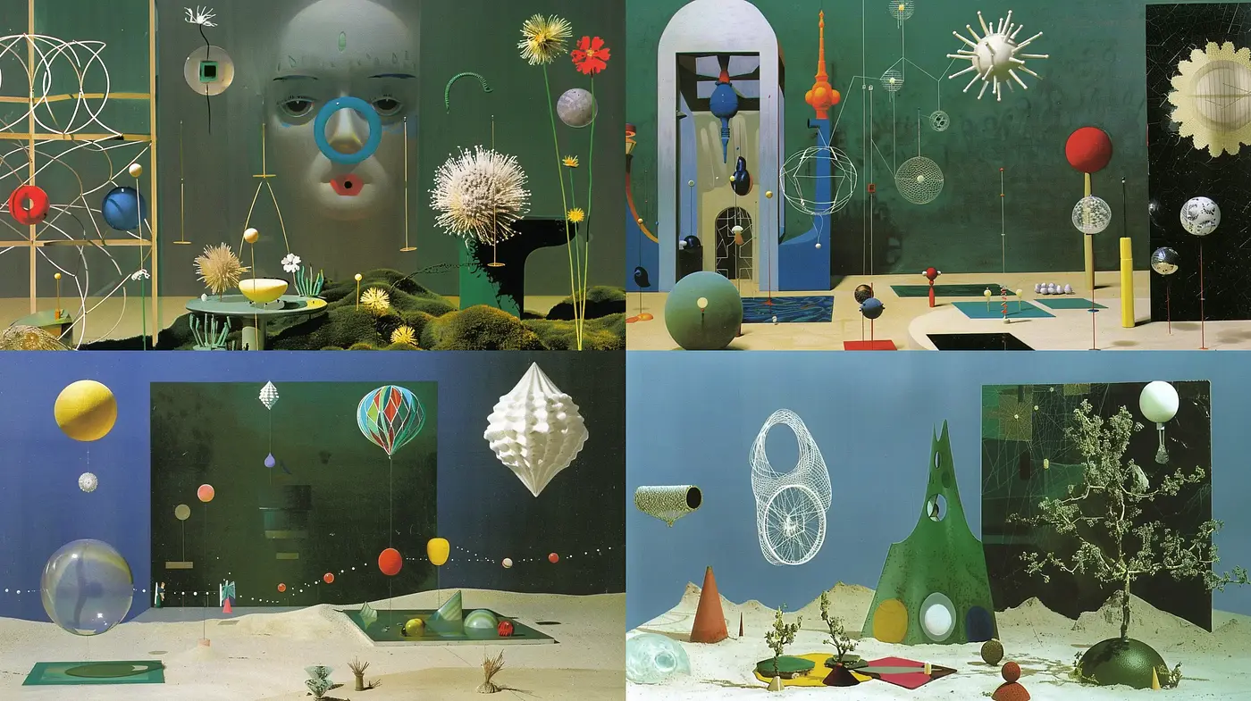 Surreal Geometric Dreamscape in a Mid-Century Modern Palette - Midjourney sref style