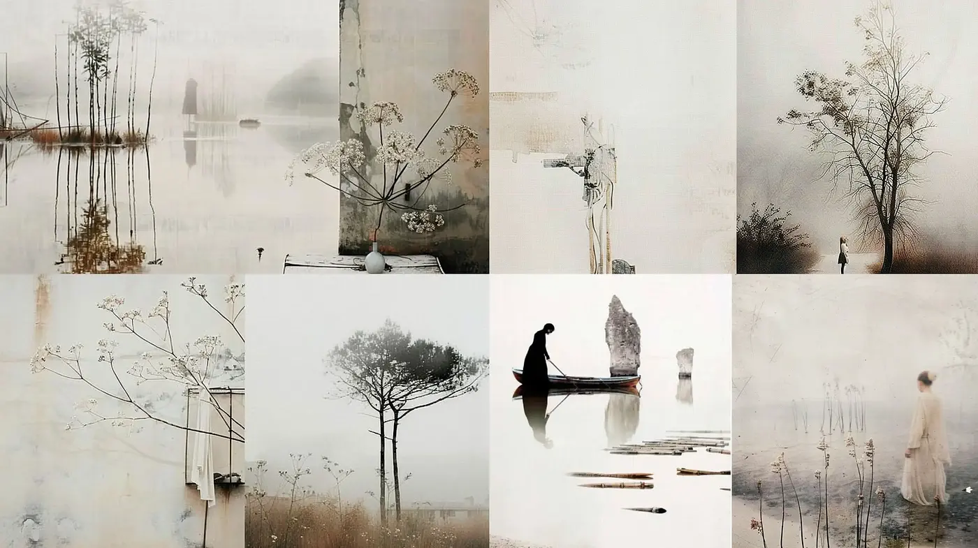 Ethereal Monochrome Vistas: A Fusion of Ink Wash and Minimalist Tones - Midjourney sref style
