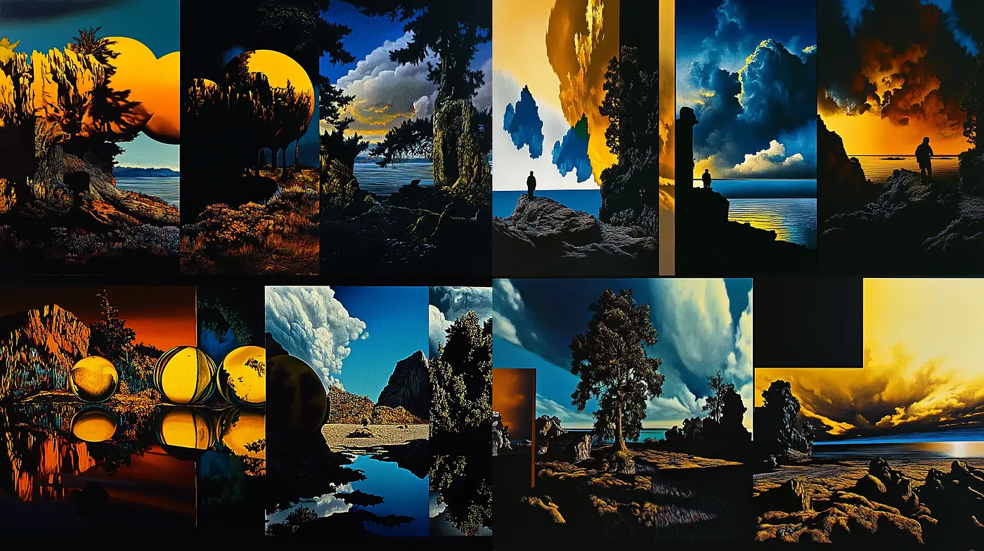 Idyllic Twilight Panoramas with Vivid Contrast and Surreal Tones - Midjourney sref style