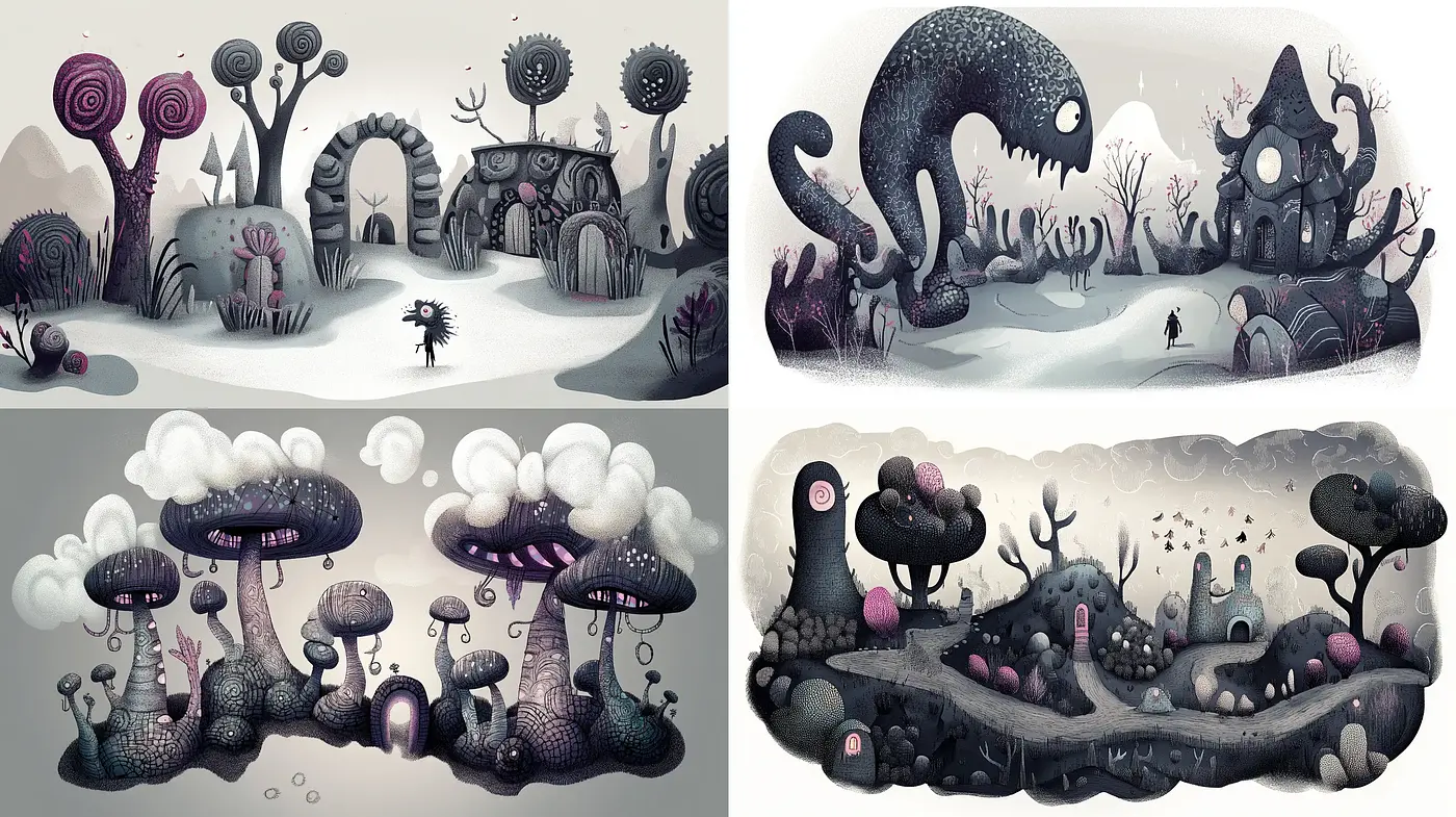 Ethereal Monochrome Fantasy Landscapes - Midjourney sref style