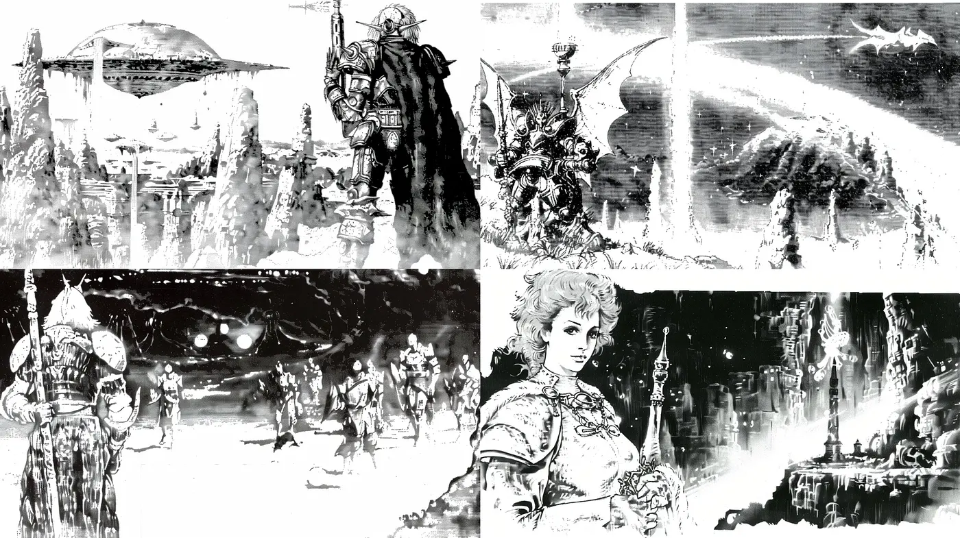 Monochromatic Echoes of Dystopian Dreamscape: The Essence of Sci-Fi Graphic Novels - Midjourney sref style