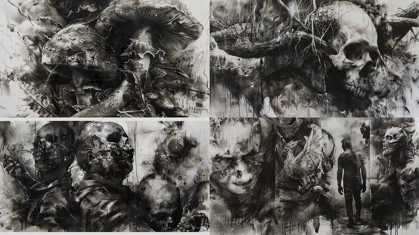 Dark and Intricate Monochromatic Illustrations with Organic Elements - Midjourney sref style