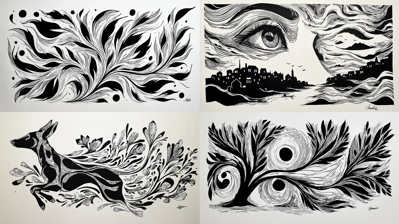 Intricate Black and White Illustrations with Organic Motifs - Midjourney sref style
