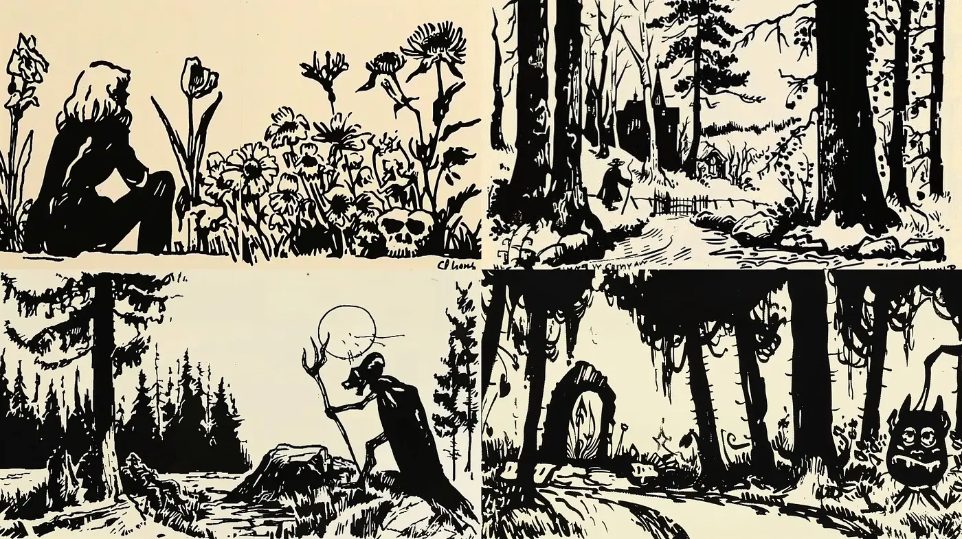 Monochromatic Enigmas of Stylized Wilderness - Midjourney sref style