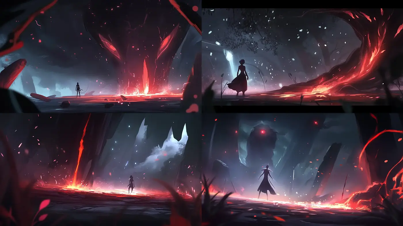 Ethereal Crimson Twilight: Consistent Elements in a Fantastical Landscape - Midjourney sref style