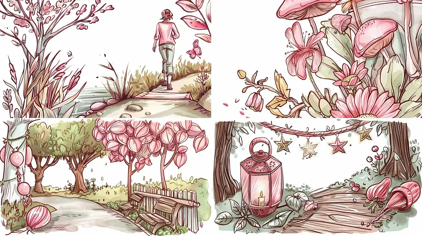 Whimsical Nature Illustrations with a Soft Pastel Palette - Midjourney sref style