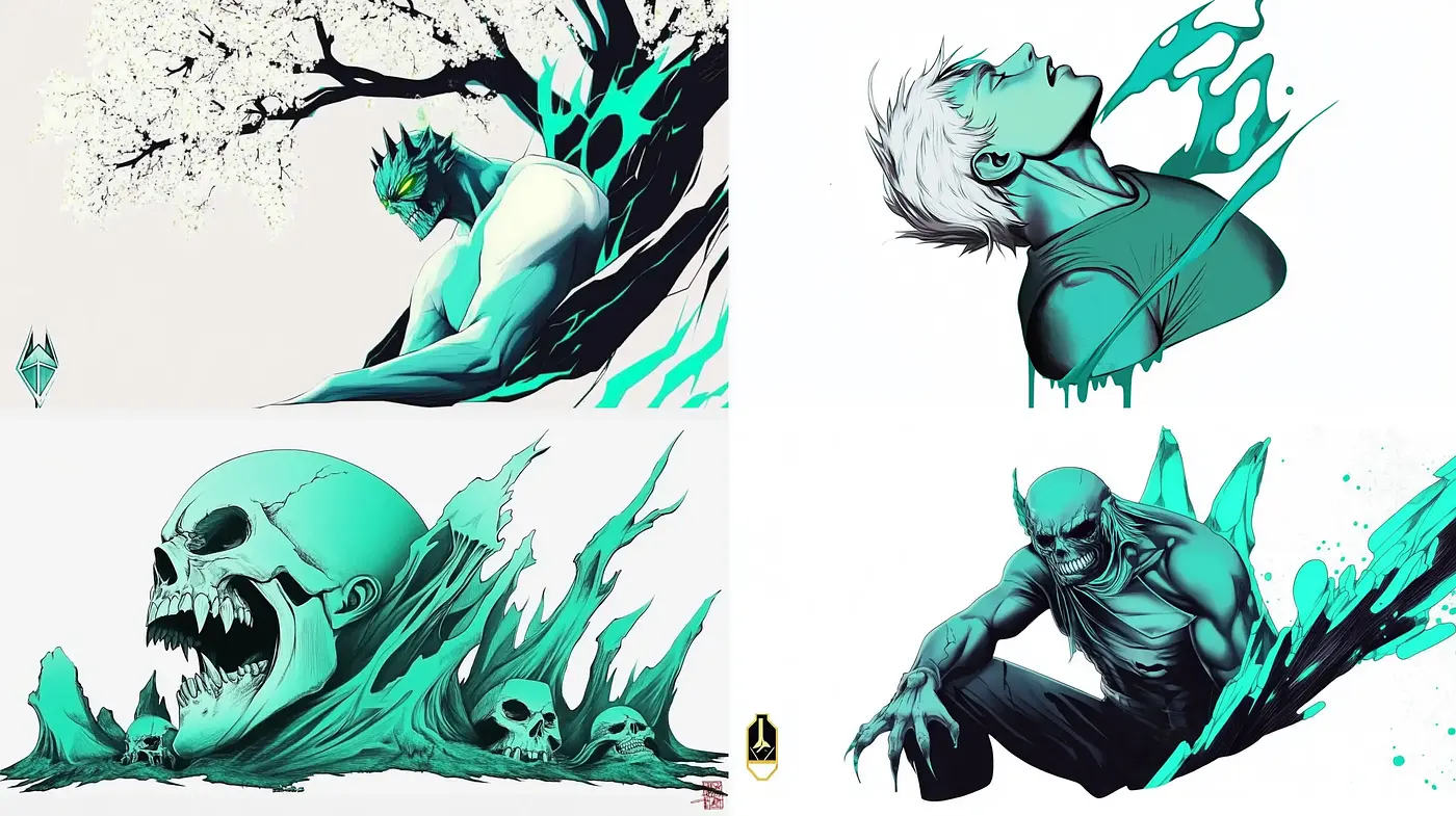 Emerald Shadows and Ethereal Forms: A Fusion of Dynamic Expression and Surreal Imagery - Midjourney sref style