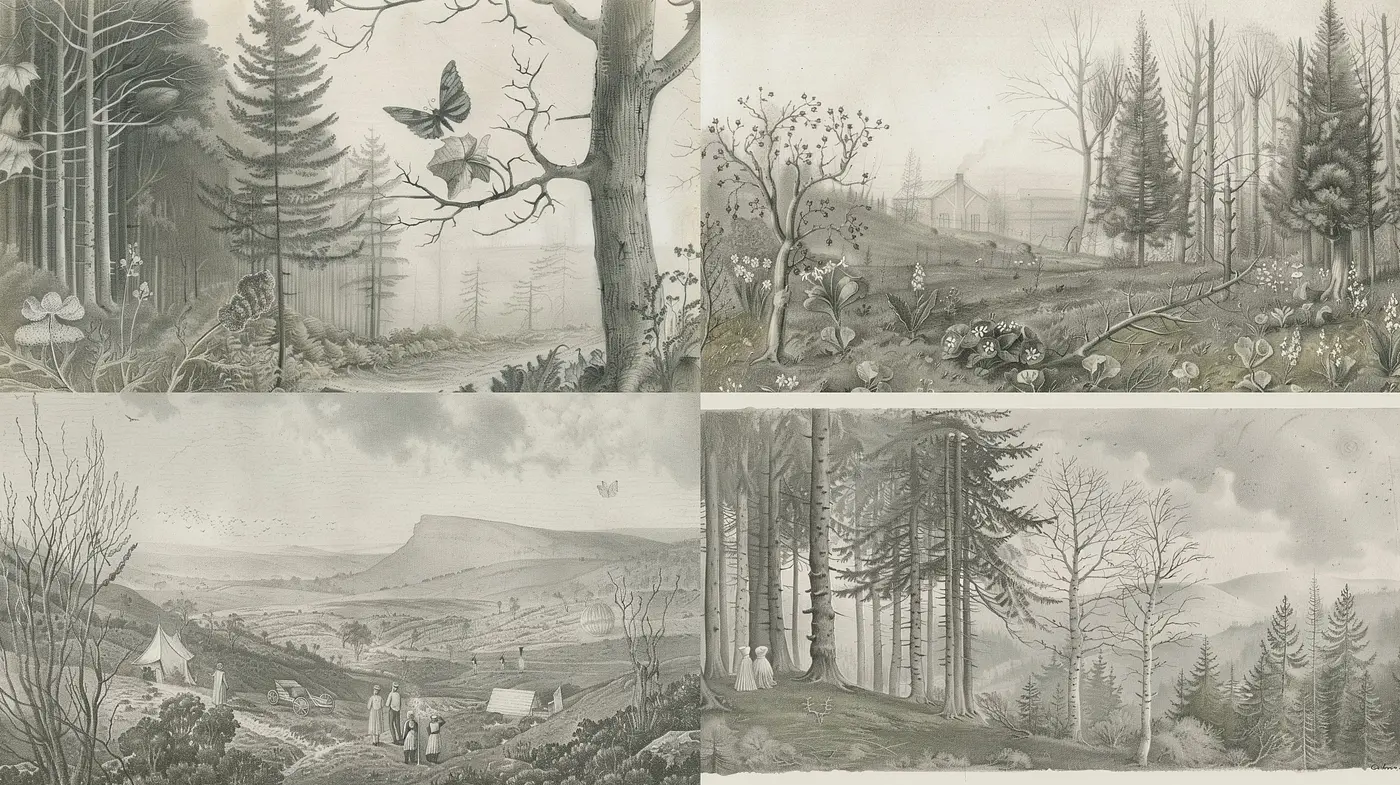 Ethereal Monochromatic Landscapes: A Homage to Timeless Engravings - Midjourney sref style