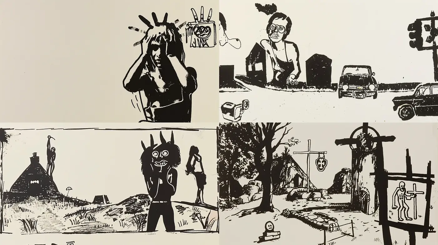 Stark Monochromatic Storyboard Illustration Series - Midjourney sref style