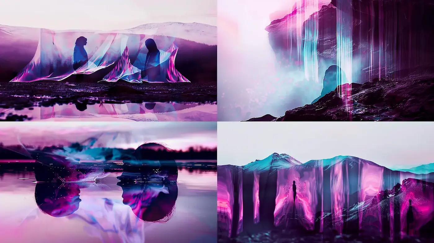 Ethereal Surrealism with Fluid Dynamics and Vibrant Reflections - Midjourney sref style