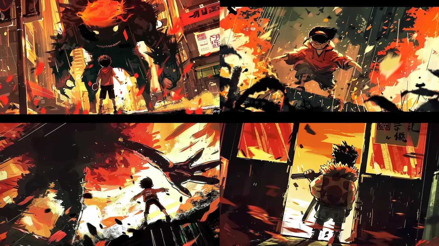 Dynamic Urban Fantasy with a Fiery Aesthetic - Midjourney sref style